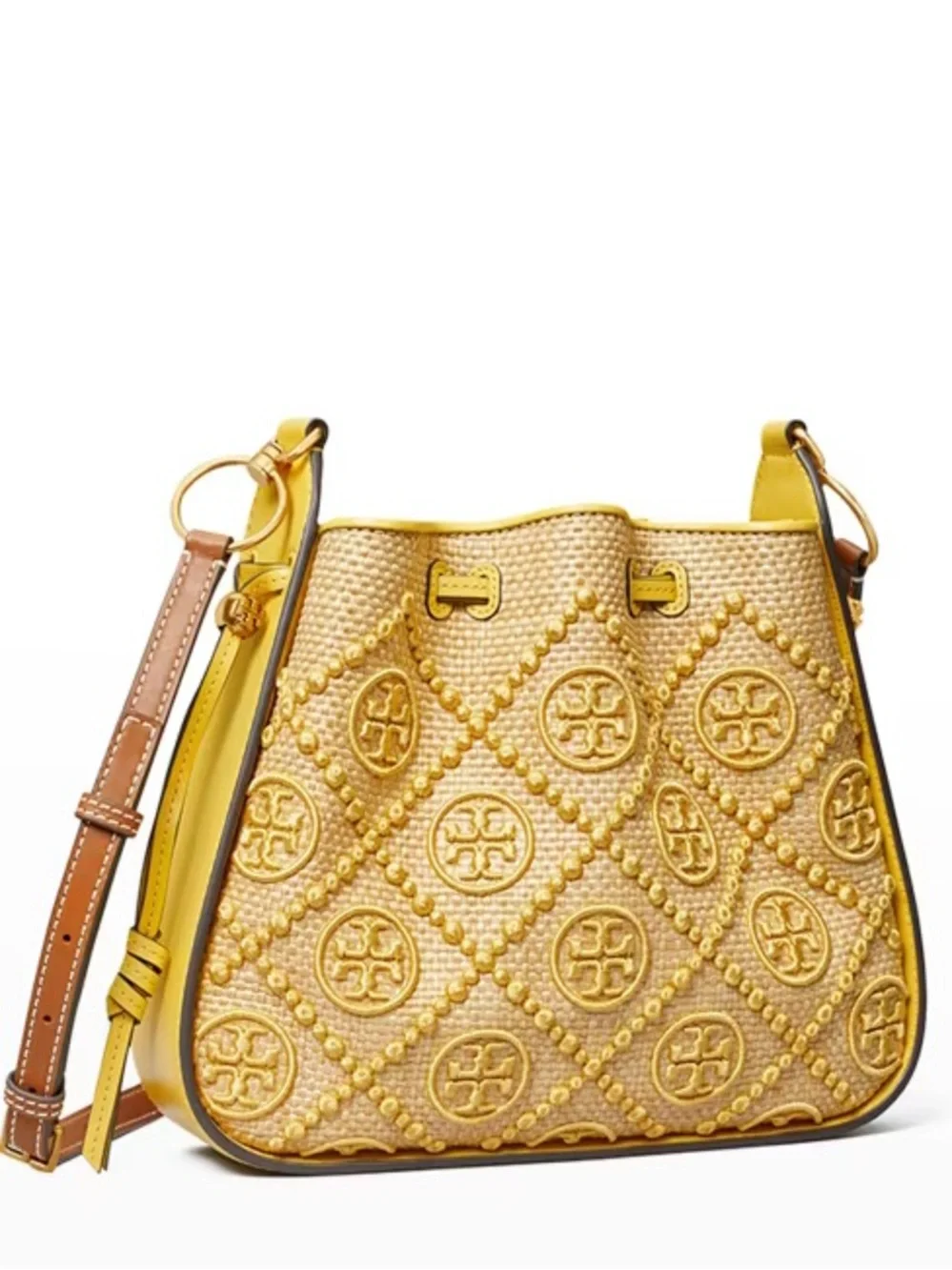 T Monogram Bell Straw Shoulder Bag